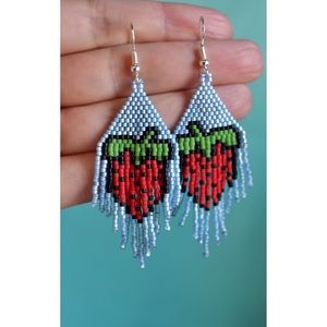 MIYUKI hand beaded strawberry earrings, red, green and light blue